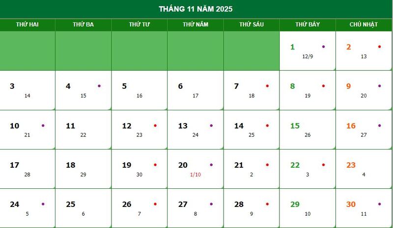 Lịch dương, âm tháng 11 năm 2025