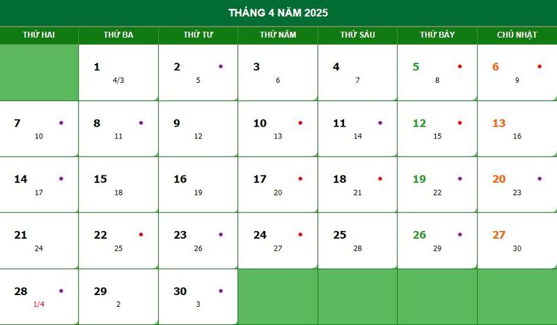 Lịch dương, âm tháng 4 năm 2025