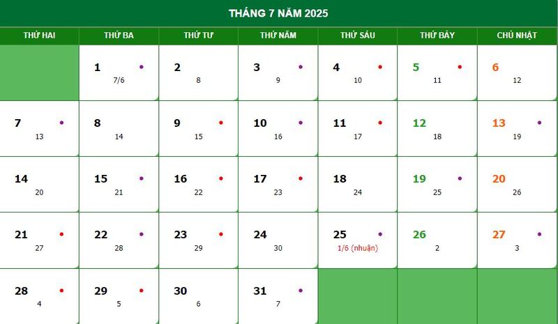 Lịch âm dương năm 2025 tháng 7