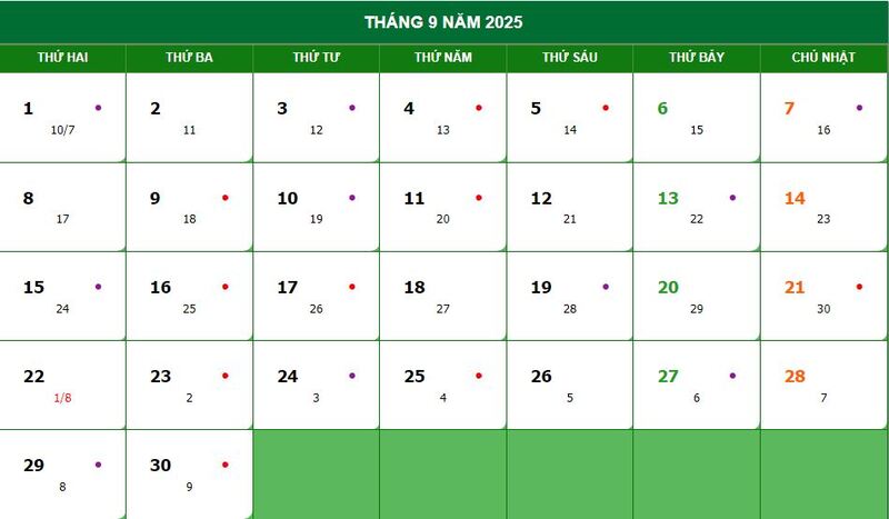 Lịch dương, âm tháng 9 năm 2025